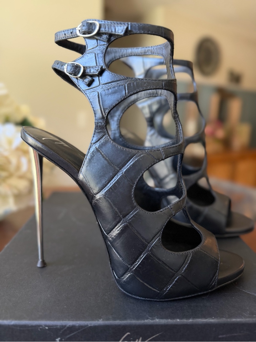 Giuseppe Zanotti black alligator-embossed leather cage sandals